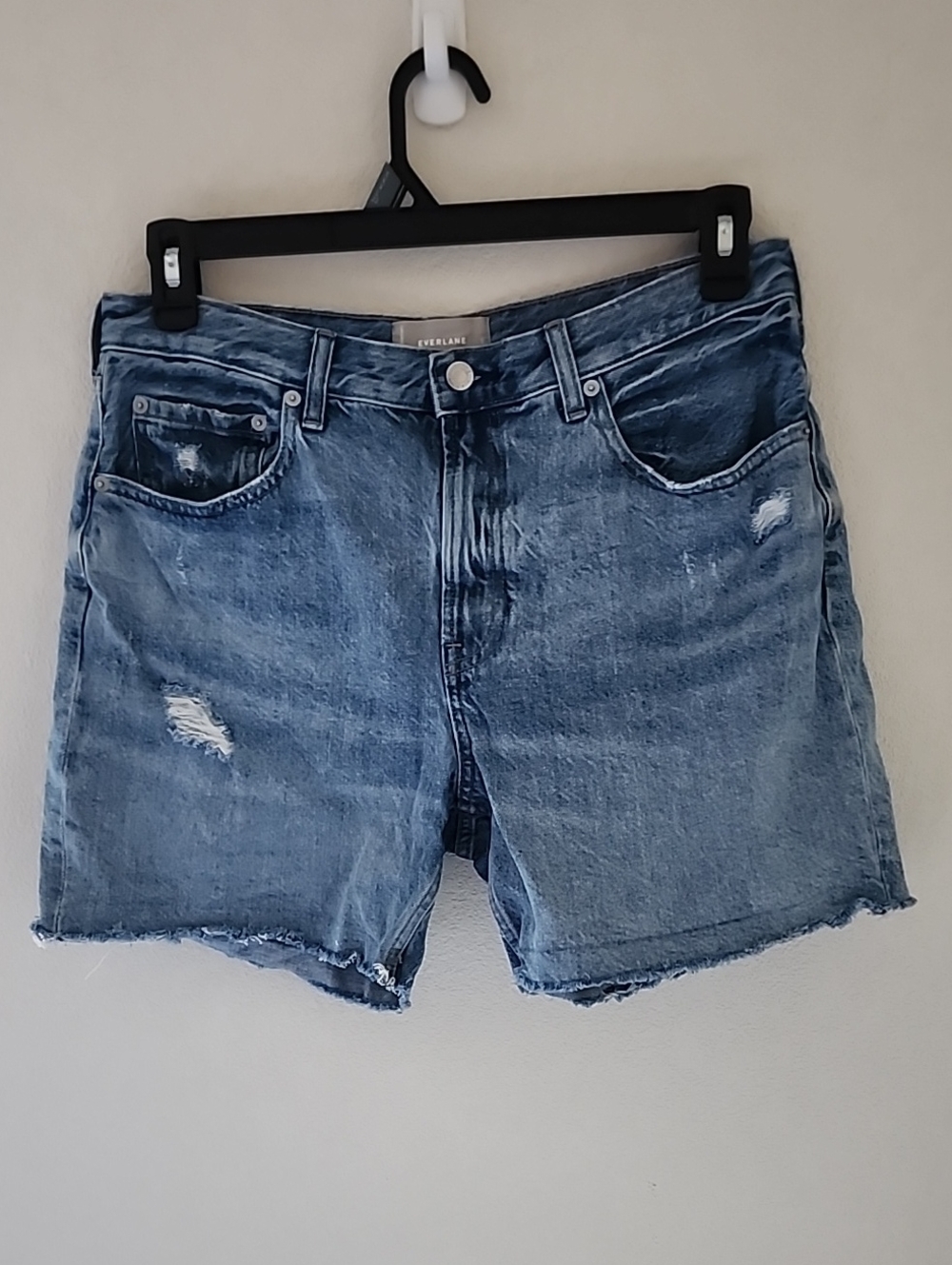 Everlane Womens The Denim Short Mid Rise Blue Distressed Cutoff Shorts Size 30